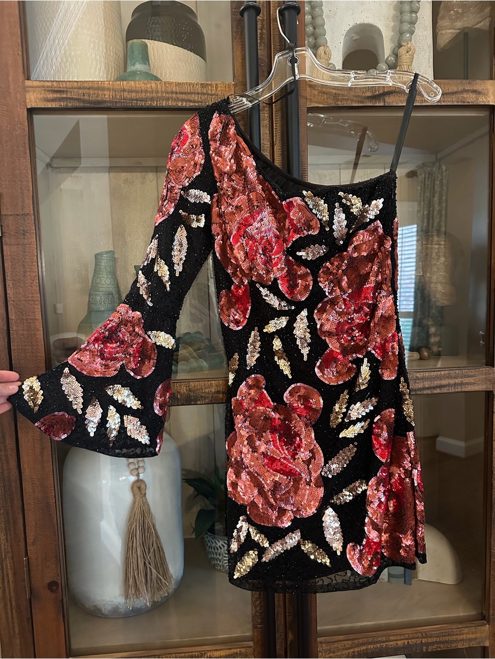 Sequin and Beaded Black One-Shoulder Floral Dress with Bell Sleeve